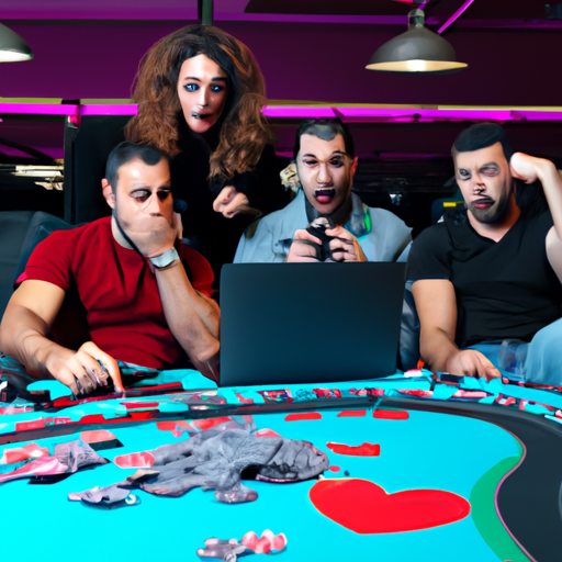 קבוצה של ישראלים נרגשים משחקים פוקר מקוון במחשב הנייד שלהם.