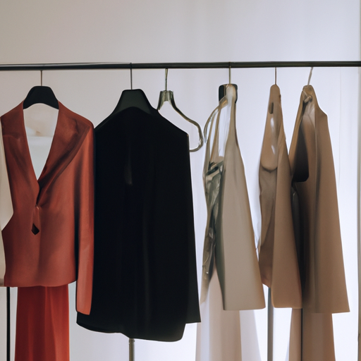 תמונה של מגוון חליפות נשים תלויות בצורה מסודרת בארון בגדים, מציגה סגנונות וצבעים שונים